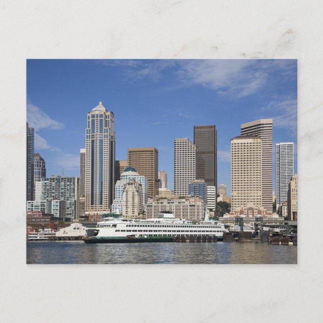 Carte Postale WA, Seattle, Seattle skyline avec ferry boat (Devant)