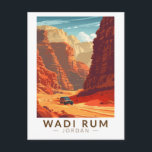 Carte Postale Wadi Rum Jordan Travel Art Vintage<br><div class="desc">Wadi Rum design de déplacement vectoriel rétro. Également connu sous le nom de Vallée de la Lune,  Wadi Rum est un paysage désertique qui s'étend à l'horizon,  le terrain rouge et sablonneux ponctué de formations rocheuses fantastiques.</div>