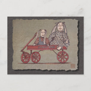 Carte Postale Wagon rouge, lapin et poupées