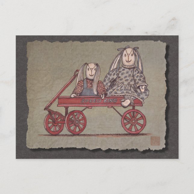 Carte Postale Wagon rouge, lapin et poupées (Devant)
