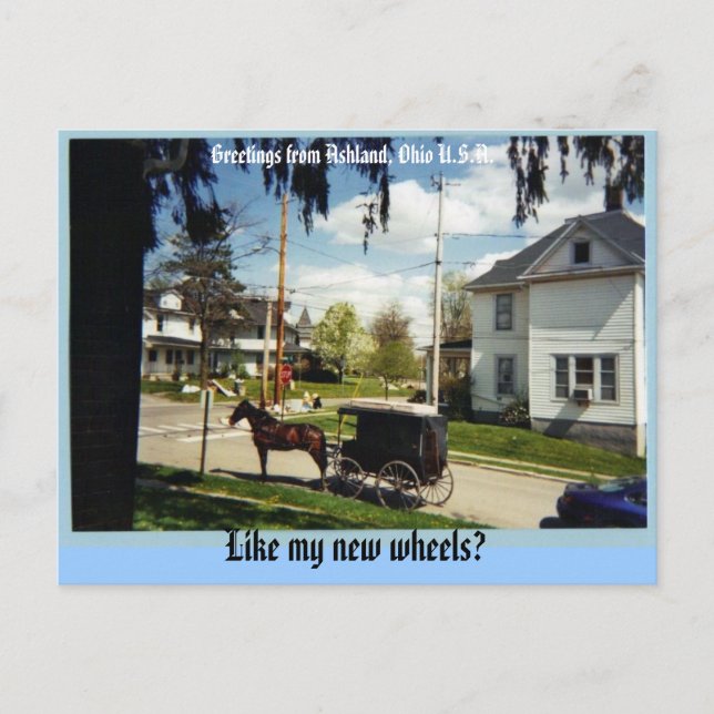 Carte Postale wagon, salutations d'Ashland, Ohio U.S.A., comme.. (Devant)