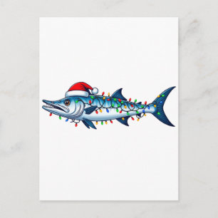 Carte Postale Wahoo Poisson Père Noël Chapeau Lumières Drôle Pêc