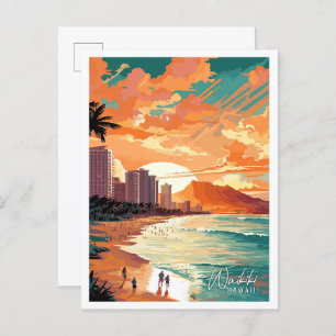Carte Postale Waikiki Hawaii Art illustration de voyage vintage