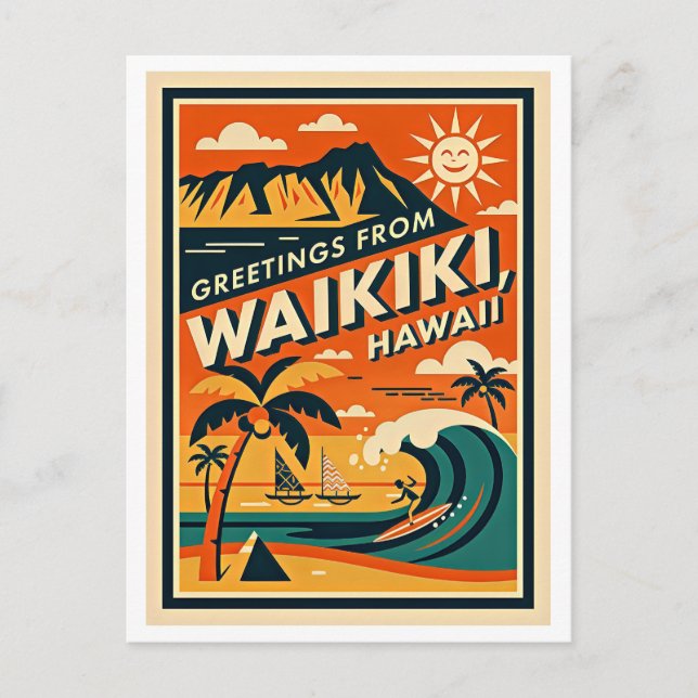 Carte Postale Waikiki Hawaii Voyage Rétro (Devant)