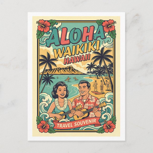 Carte Postale Waikiki Hawaii Voyage Rétro (Devant)