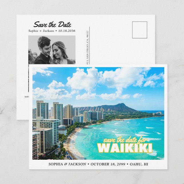 Carte Postale Waikiki Wedding Save the Date Skyline Postcard (Devant / Derrière)
