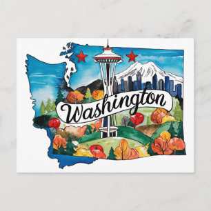Carte Postale Washington États-Unis État Forme Vintage Aquarelle