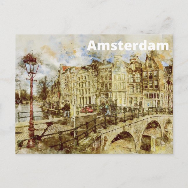 Carte Postale Watercolor Amsterdam Pays-Bas City Bridge View (Devant)