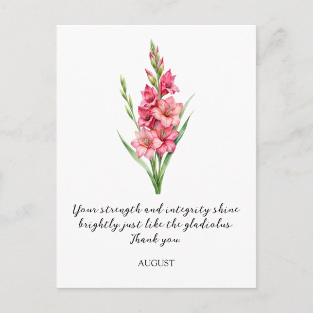 CARTE POSTALE WATERCOLOR AUGUST GLADIOLUS BIRTH FLOWER (Devant)