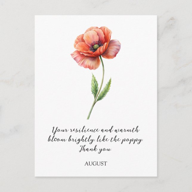CARTE POSTALE WATERCOLOR AUGUST POPPY BIRTH FLOWER POSTCARD (Devant)