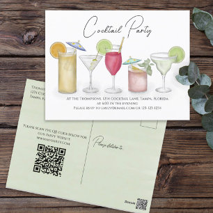 Carte Postale Watercolor Cocktail Boissons QR Code Party Website