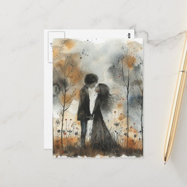 Carte Postale Watercolor Couple in Love (Devant/Arrière en situation)