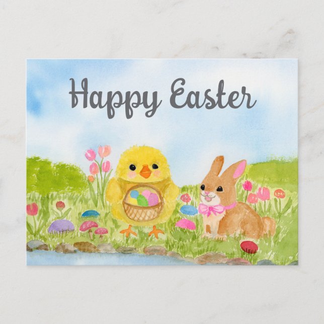 Carte Postale  Watercolor Easter Egg Chick Easter Bunny  (Devant)