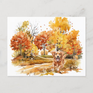 Carte Postale Watercolor Fall Chien Design - Golden Retriever