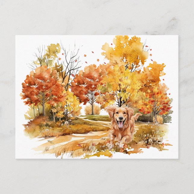 Carte Postale Watercolor Fall Chien Design - Golden Retriever (Devant)