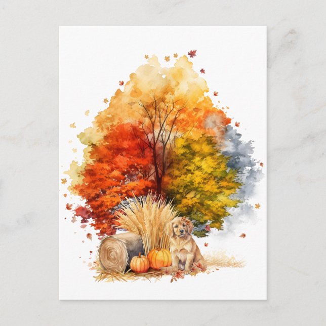 Carte Postale Watercolor Fall Chien Design - Golden Retriever (Devant)