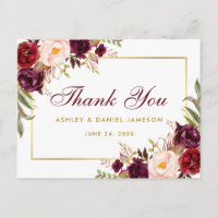 Watercolor Floral Burgundy Gold Wedding Thank You