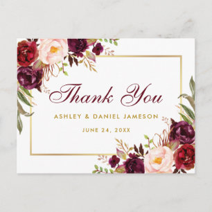 Carte Postale Watercolor Floral Burgundy Gold Wedding Thank You