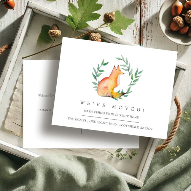 Carte Postale Watercolor Fox New Home Moving Faire-part (Moving announcements watercolor fox and greenery art by Victoria Grigaliunas of VG Invites)