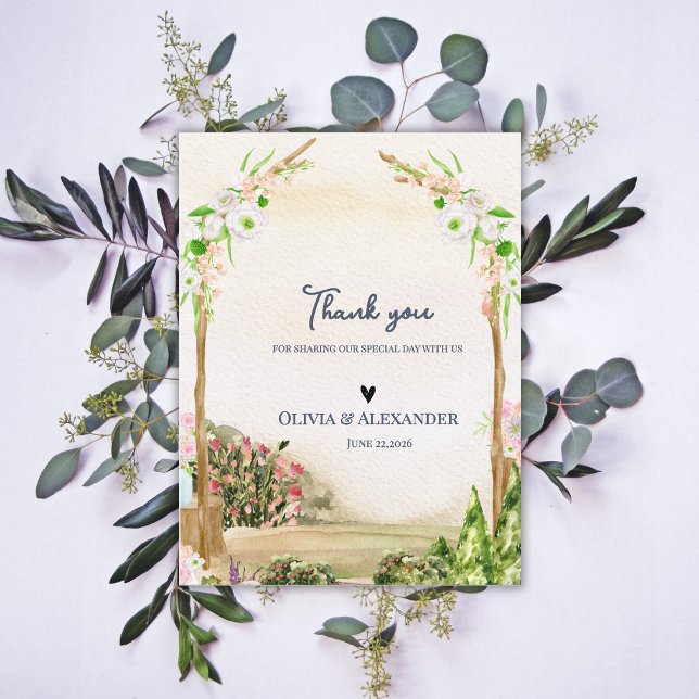 Carte Postale Watercolor Garden Arch Romantic Wedding Thank You (Watercolor Garden Arch Wedding Thank You Card Romantic Botanical Floral Thank You Note)
