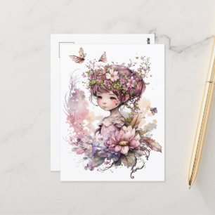 Carte Postale Watercolor Garden Girl - Fleurs roses