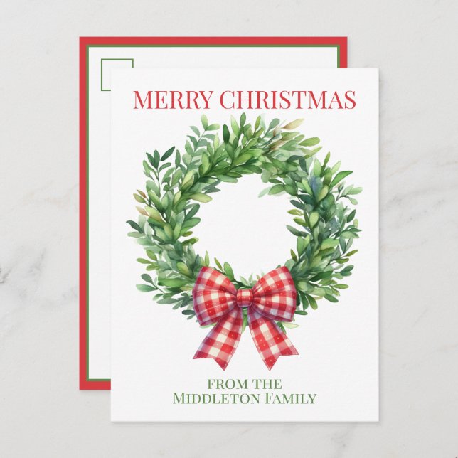 Carte Postale Watercolor Green Wreath With Red Gingham Bow (Devant / Derrière)