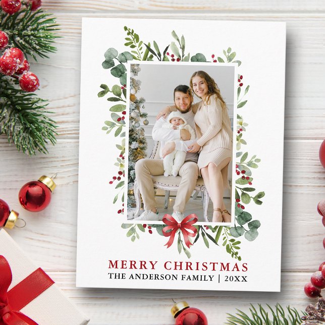 Carte Postale Watercolor Greenery Merry Christmas Red Bow (Customize to change text size or text style.)