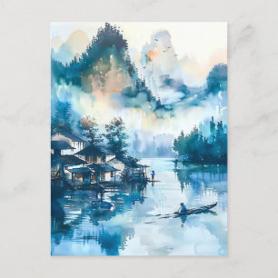 Carte Postale Watercolor ink of chinese landscape on a lake