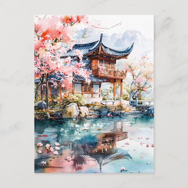 Carte Postale Watercolor ink of chinese template on lake. (Devant)