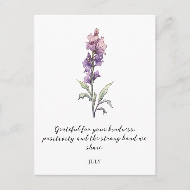CARTE POSTALE WATERCOLOR JULY LARKSPUR BIRTH FLOWER  (Devant)