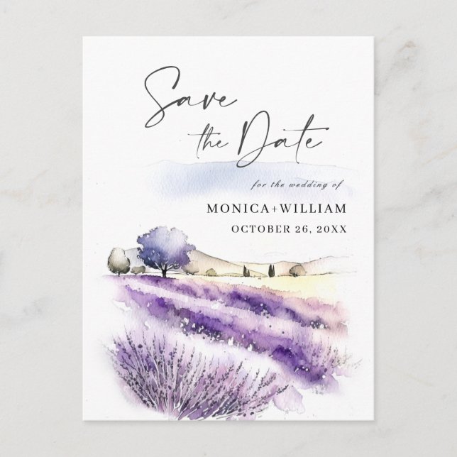 Carte Postale Watercolor Lavender Field Wedding Enregistrer la d (Devant)