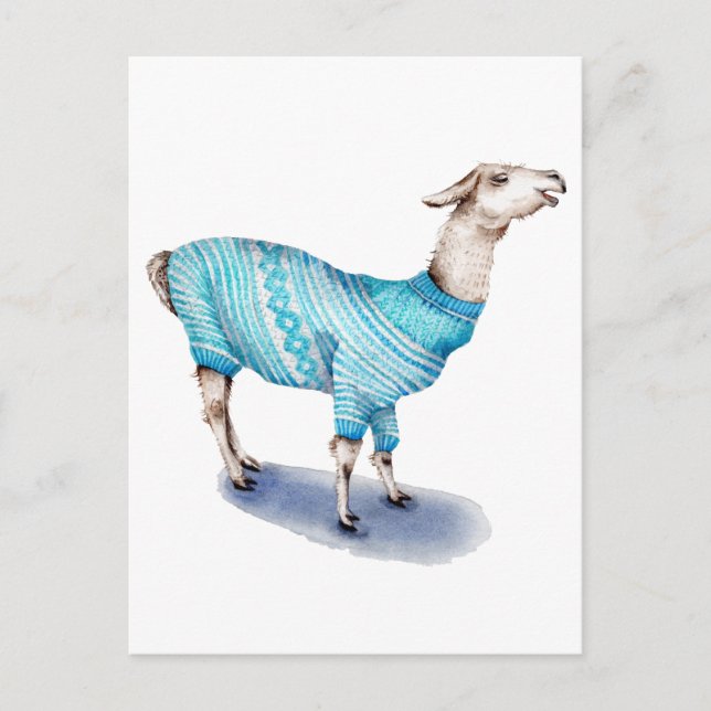 Carte Postale Watercolor Llama in Blue Sweater (Devant)