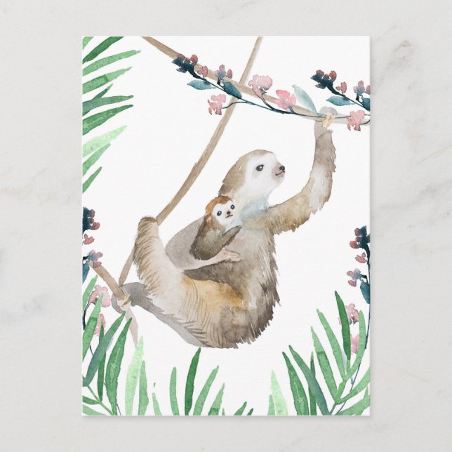Carte Postale Watercolor Mama et Baby Sloth (Devant)