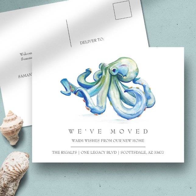 Carte Postale Watercolor Octopus New Home Moving Faire-part (Créateur téléchargé)