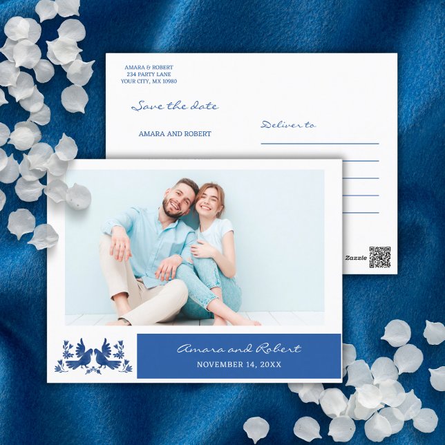 Carte Postale WATERCOLOR OTOMI BIRDS - NAVY Enregistrer la date (Créateur téléchargé)