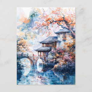 Carte Postale Watercolor painting of china temple and water
