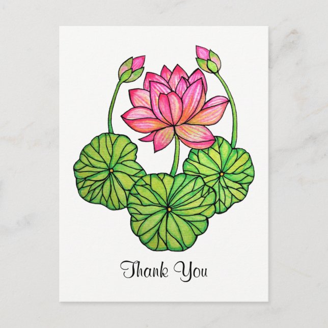 Carte Postale Watercolor Pink Lotus with Buds & Leaves (Devant)