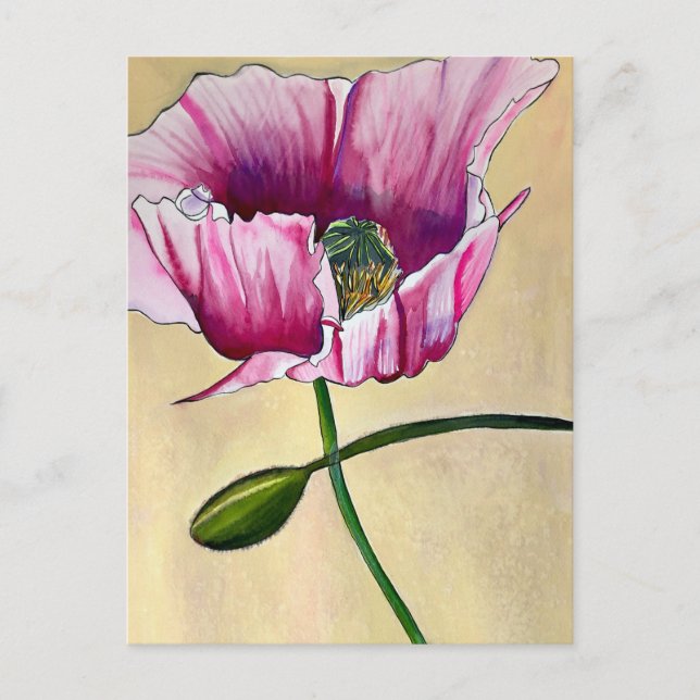 Carte Postale Watercolor pink poppy art flower (Devant)