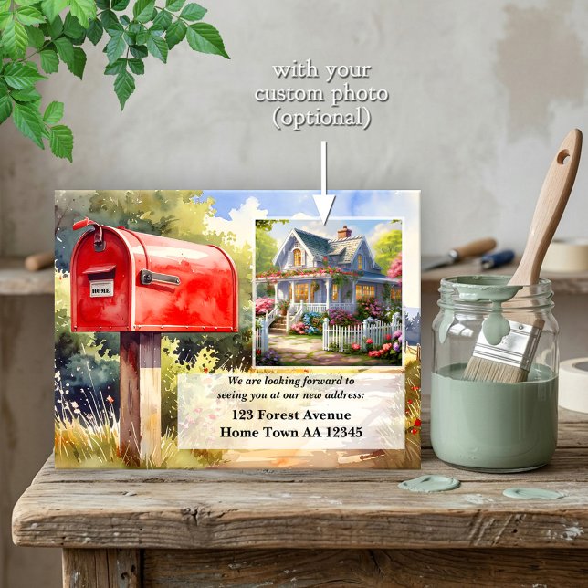 Carte Postale Watercolor Red Mailbox New Home Moving (Rustic watercolor country red mailbox relocation or new home announcement postcard)