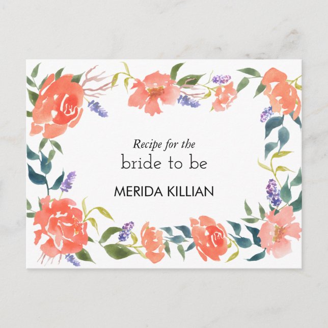 Carte Postale Watercolor Red Rose Flowers Bridal Shower Recipe (Devant)