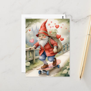 Carte Postale Watercolor Skateboard Valentine Gnome