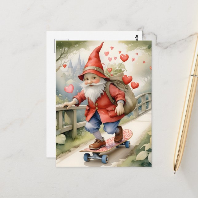 Carte Postale Watercolor Skateboard Valentine Gnome (Devant/Arrière en situation)