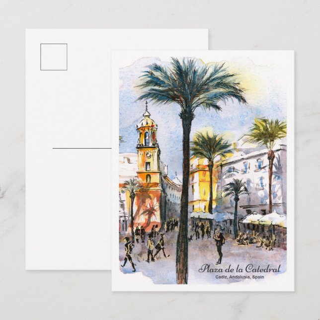 Carte Postale Watercolor sketch cathedral square Cadiz Spain (Devant / Derrière)