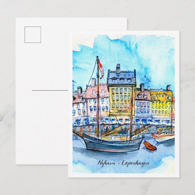 Carte Postale Watercolor Sketch Nyhavn Copenhagen (Devant / Derrière)