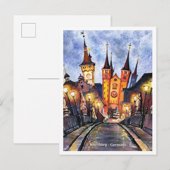 Carte Postale Watercolor Sketch old main bridge Wurzburg Germany (Devant / Derrière)