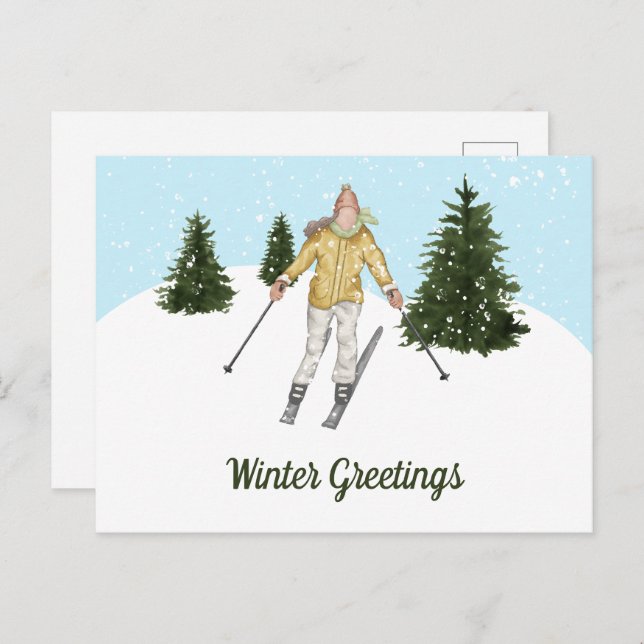 Carte Postale Watercolor Skiing Woman And Trees Winter Greetings (Devant / Derrière)