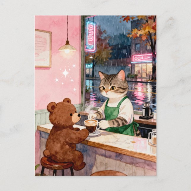 Carte Postale Watercolor Tabby Cat Barista Serving Bear (Devant)