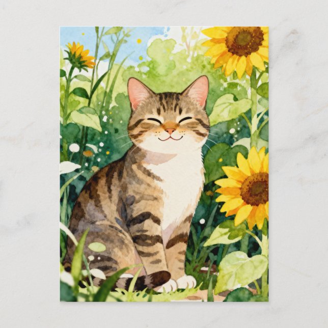 Carte Postale Watercolor Tabby Cat in Sunflower Garden (Devant)