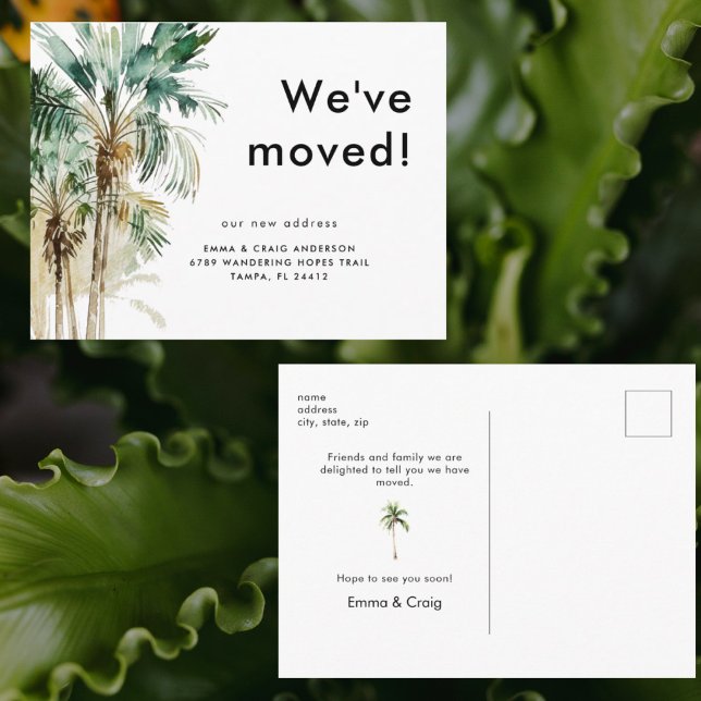 Carte Postale Watercolor Tropical Foliage We've Moved (Créateur téléchargé)