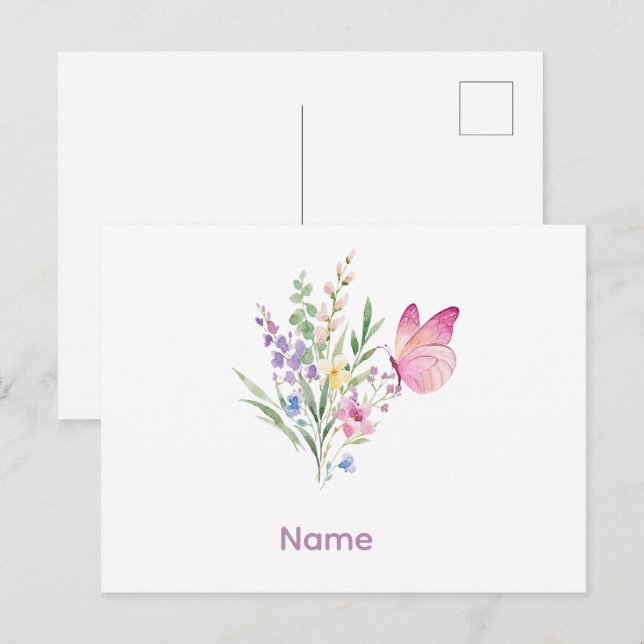 Carte Postale Watercolor Wildflower Bouquet with Pink Butterfly (Devant / Derrière)